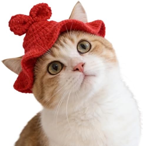 Bow Cat Hat, Cotton & Soft Cute Knitted Hats for Cats Birthday Party Spring Christmas Puppy Hat for Small Pets (Red, M) by floofelove