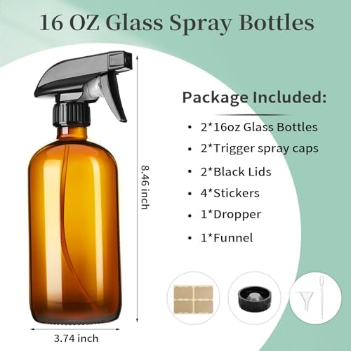 GIVAMEIHF 16oz Amber Glass Spray Bottles,2 Pack Glass Spray Bottles Refillable Empty Bottle with Adjustable Nozzle,Spray Bottle for Essential Oils,Cleaning,Pets,Hair Mister - Image 2