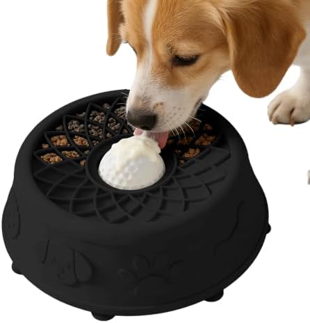 Slow Feeder Dog Bowl with Rolling Ball, No Spill Silicone Pet Lick Bowl for Dogs and Cats, Anti Slip Suction Base, Interactive Pet Feeder for Slower Eating and Cleaner Mealtime (Black) by Unknown
