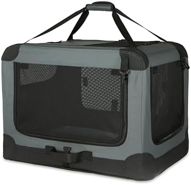 Amazon Basics 4-Door Portable Folding Soft Dog Crate, Collapsible Travel Kennel for Cat, Dog, and Other Small Animals, Pop Up with Easy Transportation, Grey, M 30" x 21" x 21" by AmazonBasics