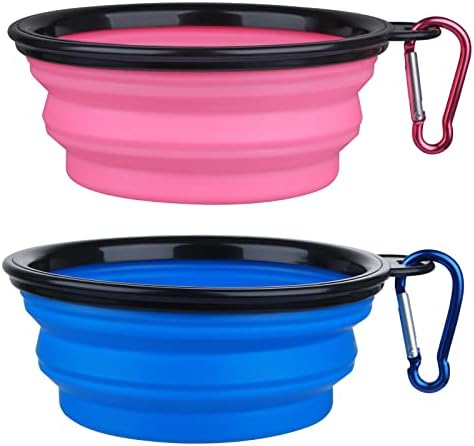 Dog Bowl Pet Collapsible Bowls, 2 Pack Collapsible Dog Water Bowls for Cats Dogs, Portable Pet Feeding Watering Dish for Walking Parking Traveling with 2 Carabiners (Small, Bule+Pink) by SLSON