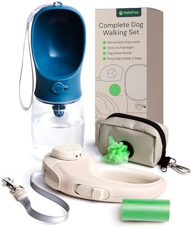 MalsiPree Complete Dog Walking Set - 9.8ft Retractable Leash Set with 20 Poop Bag and Dispenser, Leakproof Dog Water Bottle 12oz & Flashlight - Essential Walking Accessory for Small to Medium Dogs by MalsiPree