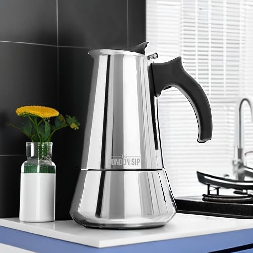 London Sip Stainless Steel Stovetop Espresso Maker Moka Pot Italian Coffee Percolator, Silver, 3 Espresso Cups - Image 5