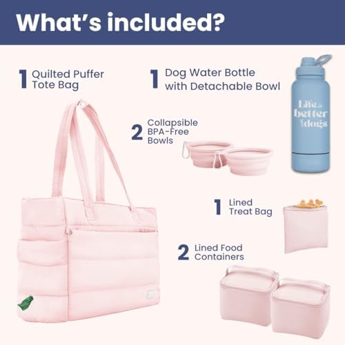 Rubyloo Dog Mom Essentials Bundle - Puffer Tote with Storage Containers (Pink) and 32 oz Water Bottle with Detachable Bowl (Life is Better with Dogs) - Travel Bag and Hydration Set - Image 2
