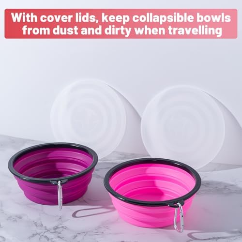 SLSON Dog Bowls Pet Collapsible Bowl with Cover Lids,2 Pack Dog Travel Bowls Portable Foldable Cat Water Dish Bowl for Pets Walking Parking Camping (Pink and Purple, Large) - Image 4
