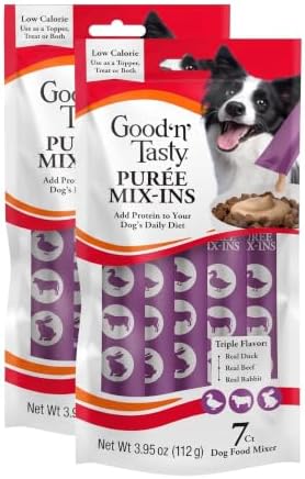 Good 'n' Tasty Triple Flavor Puree Mix-Ins Dog Food Topper Treats for All Dogs, 7 Count, Easy Single-Serve Portions, Added Protein with Duck, Beef and Rabbit, No Chicken Added (Pack of 2) by GoodNFun