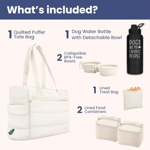 Rubyloo Dog Mom Essentials Bundle - Puffer Tote with Storage Containers (Beige) and 32 oz Water Bottle with Detachable Bowl (Dogs are My Favorite People) - Travel Bag and Hydration Set - Image 2