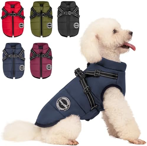 Warm Dog Winter Coat, Dog Cold Weather Jacket with Built-in Harness, Reflective & Adjustable Comfortable Pet Vest, Windproof Apparel for Small Medium Large Dogs (Navy) by Aimydog