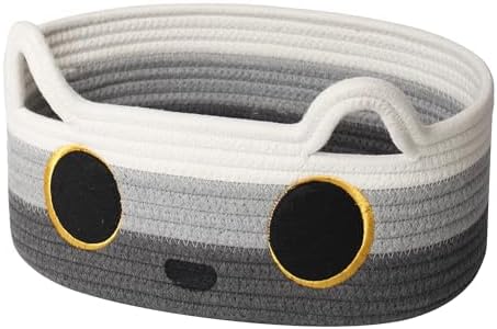 Cat Toy Basket, Small Woven Cat Toy Storage Box with Cute Ear Handle Indoor, Cotton Rope Storage Bin with Embroidered Face for Home Decor, Pet Bed, Nursery Kids Room Organization, 3-tone Gray by Unknown