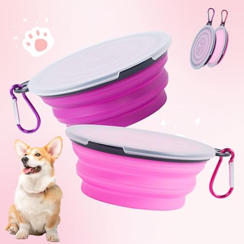 SLSON Dog Bowls Pet Collapsible Bowl with Cover Lids,2 Pack Dog Travel Bowls Portable Foldable Cat Water Dish Bowl for Pets Walking Parking Camping (Pink and Purple, Small) - Image 2