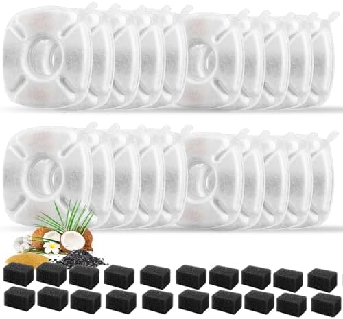 40 Pcs Cat Fountain Replacement Filters 20 Pack Cat Water Fountain Replacement Filters with 20 Pack Pre-Filter Sponges, Pet Fountain Filter Fit for 95oz/2.8L Automatic Pet Fountain Cat Water Fountain by Porens
