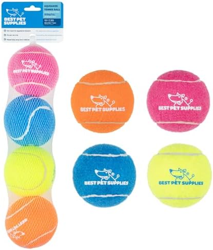 Best Pet Supplies Interactive Squeaky Dog Chew Toy, Ideal Dog Toys for Chewers, Small, Medium & Large Dogs, and Fetch Lovers - Tennis (Assorted Color), Large (Pack of 4) by BestPetSuppliesLLC