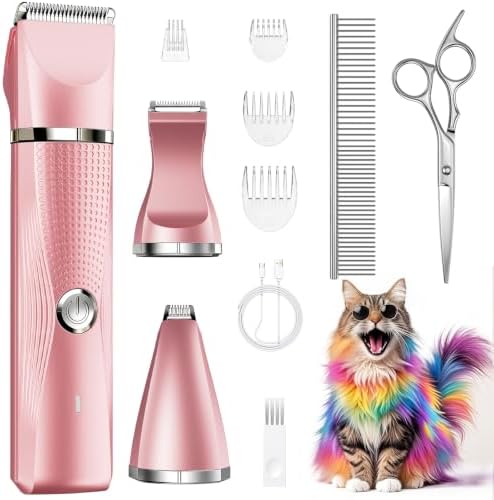 Cat Grooming Clippers Kit with Paw Trimmer, 3 in 1 Electric Pet Hair Trimmer Supplies for Thick Matted Hair, Heavy Coat Butt Shaver Cat Razor Fur Trimmer for Dogs at Home (Pink) by Bautrium