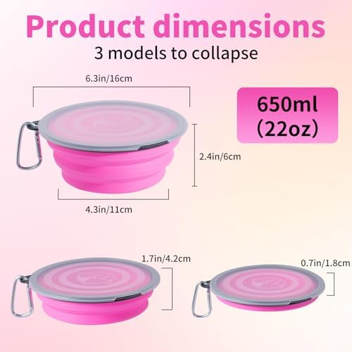 SLSON Dog Bowls Pet Collapsible Bowl with Cover Lids,2 Pack Dog Travel Bowls Portable Foldable Cat Water Dish Bowl for Pets Walking Parking Camping (Pink and Purple, Medium) - Image 3