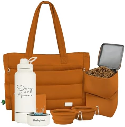 Rubyloo Dog Mom Essentials Bundle - Puffer Tote with Storage Containers (Rust) and 32 oz Water Bottle with Detachable Bowl (Dog Mom) - Travel Bag and Hydration Set by Rubyloo