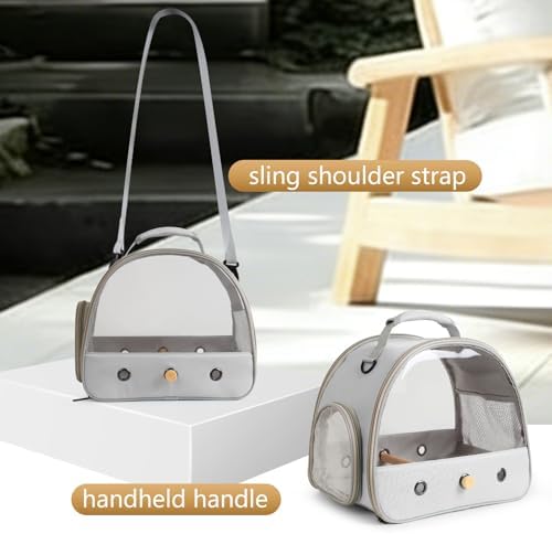 Bird Carrier, Portable Small Bird Parrot Parakeet Carrier with Standing Perch and Mat, Side Access Window Collapsible (Grey, Clear Windows) - Image 4