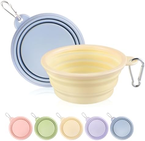 Collapsible Dog Bowls 2-Pack, Portable Travel Dog Bowl with Carabiner, Food-Grade Silicone Pet Bowl for Hiking, Walking(Macaron Blue and Yellow) by TECOPH