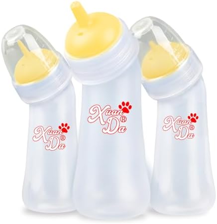 Pet Feeding Bottle,3 Pack Wide Mouth Angled Nursing Bottle, 3 Sizes Nipples with Ventilation Valve Resistant Tearing Perfect for Puppies, Kittens, Small Wildlife(Yellow) by XuanDa