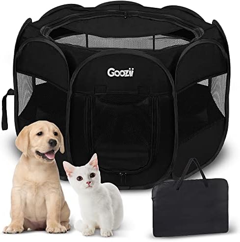 GOOZII Puppy Playpen Indoor for Small Dogs, Portalble Pet Dog Play Pens Kennel Crate with Top Cover Floor Door Enclosed for Large Cats Animal as Dog Lovers (Black, Medium Size) by Goozii