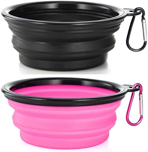 Dog Bowl Pet Collapsible Bowls, 2 Pack Collapsible Dog Water Bowls for Cats Dogs, Portable Pet Feeding Watering Dish for Walking Parking Traveling with 2 Carabiners (Small, Black & Pink) by SLSON
