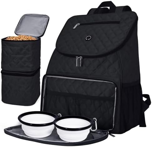 BAGLHER Dog Travel Bag, Airline Approved Pet Supplies Backpack, Dog Travel Backpack with 2 Silicone Collapsible Bowls and 2 Food Baskets, Black by BAGLHER