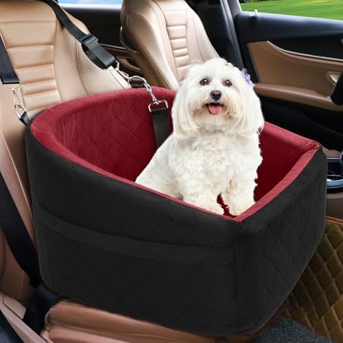 Dog Car Seat for Small Medium Dogs,Detachable Washable Dog Booster Seat Under 30lbs, Pet Car Seats Travel Bed with Storage Pockets and Safety Belt（Black/Red） by NEEZUKAR