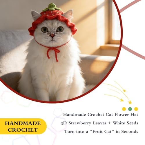 Strawberry Cat Hat, Cotton & Soft Cute Knitted Hats for Cats Birthday Party Christmas Puppy Hat for Small Pets (Red, M) - Image 4