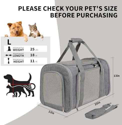 Cat Carrier, Soft-Sided Airline Approved Pet Carrier Case with 4 Ventilated Windows for Cats and Dogs Under 10-25Lbs (17.0 L x 11.0 W x 11.0 H Inch, Grey) - Image 5