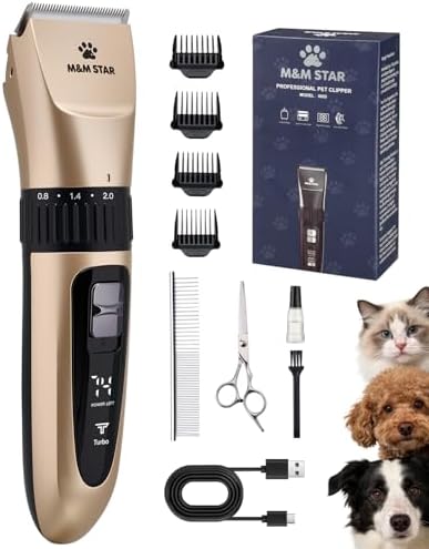 M&M STAR Dog Grooming Kit, Low Noise Dog Clippers, 2-Speed IPX7 Waterproof, Rechargeable Cordless Pet Hair Clippers Trimmer Shaver with LED Display for Dogs and Cats, Gold by Unknown