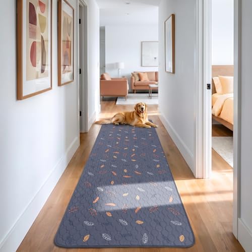 Sunheir Washable Pee Pads for Dogs Large 24" x 72" 2-Pack Reusable Puppy Pads Pet Training Pads, Absorb Dog Mats, Whelping Pad, Non-Slip Protects Against Urine Leakage, Runner Rug (Leaves - Deep Grey) by SUNHEIR