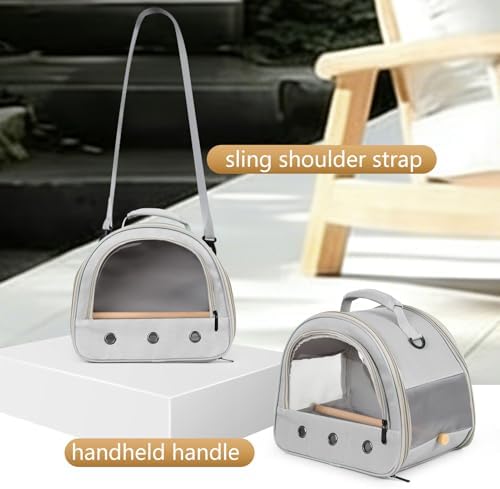 Bird Carrier, Portable Small Bird Parrot Parakeet Carrier with Standing Perch and Stainless Steel Tray, Side Access Window Collapsible (Grey, Horizontal Perch) - Image 4