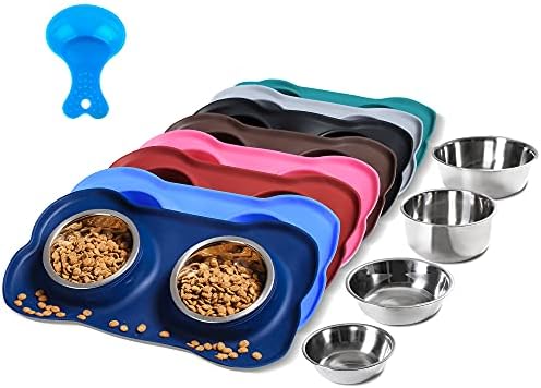 Hubulk Pet Dog Bowls 2 Stainless Steel Dog Bowl with No Spill Non-Skid Silicone Mat + Pet Food Scoop Water and Food Feeder Bowls for Feeding Small Medium Large Dogs Cats Puppies (Small, Navy Blue) by Hubulk