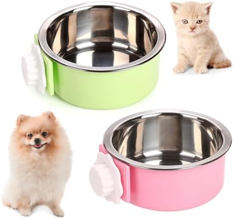 kathson Crate Dog Bowl, Removable Stainless Steel Hanging Pet Cage Bowl Food & Water Feeder Coop Cup for Cat, Puppy, Birds, Rats, Guinea Pigs (2 PCS, Size: M, Green and Pink) by kathson
