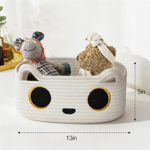 White Cat Toy Basket, Small Woven Cat Toy Storage Box with Cute Ears Handle Indoor, Cotton Rope Storage Bin with Embroidered Face for Home Decor, Pet Bed, Baby Nursery Kids Room Organization - Image 7