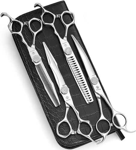 GLADOG Luxury Dog Grooming Scissors Set - 7" Straight, 6.5" Thinning, 7" Chunkers, 7" Curved - 9CR Steel, Silver Luxe, Right Hand, Plastic Handle, 4 Count by GLADOG