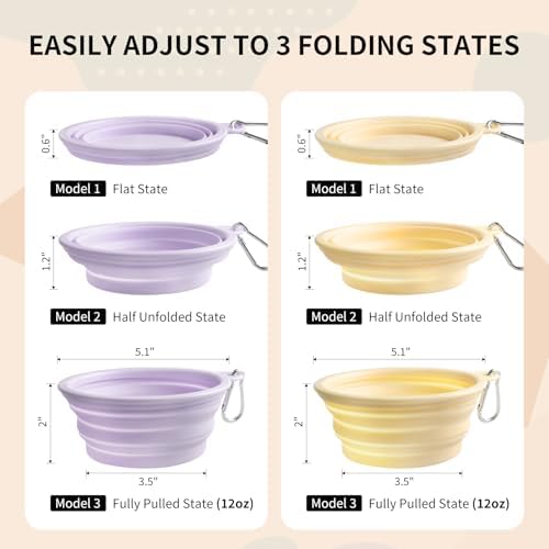 Collapsible Dog Bowls 2-Pack, Portable Travel Dog Bowl with Carabiner, Food-Grade Silicone Pet Bowl for Hiking, Walking (Macaron Yellow and Violet) - Image 6