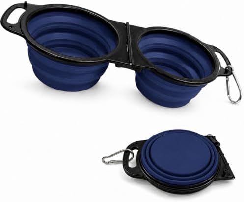 Double Collapsible Dog Bowls for Travel, Food & Water with Clip, Navy Blue by 7CAIHOME