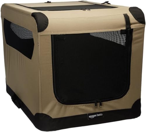 Amazon Basics Portable Folding Soft Dog Crate, Double Door, Collapsible Travel Kennel, Easy to Assemble, Medium, 29.92" x 21.3" x 21.3", Tan by AmazonBasics