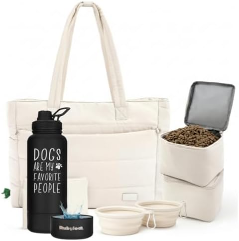 Rubyloo Dog Mom Essentials Bundle - Puffer Tote with Storage Containers (Beige) and 32 oz Water Bottle with Detachable Bowl (Dogs are My Favorite People) - Travel Bag and Hydration Set by Rubyloo