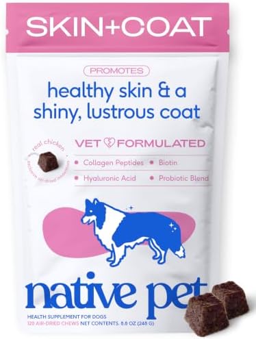 Native Pet Skin & Coat Chews - Omega 3 Fish Oil for Dogs Skin & Coat Supplement - Itch Relief, Shiny Fur & Shedding Support - Collagen, Hyaluronic Acid, Biotin, Probiotics & Salmon Oil - 120 Chews by NativePet