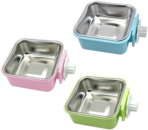kathson Crate Dog Bowl, Removable Stainless Steel Hanging Pet Kennel Cage Bowl Food & Water Feeder Coop Cup for Puppy, Cat, Rabbit, Guinea Pigs 3pcs Small Square(Blue, Green, and Pink) by kathson
