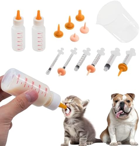 Pet Feeding Bottle and Syringe Set for Puppies and Kittens(2 Bottles,6 Syringes,10 Nipples,1 Storage Measuring Cup) by YeulYuuri