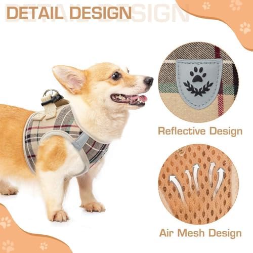 KOOLTAIL Dog Harness and Leash Set for Small Medium Dogs, Step in No Pull Soft Mesh Dog Harness Comfort Padded Pet Vest, Adjustable Reflective Easy Walking Puppy Cats Harnesses Training, Plaid Beige M - Image 5