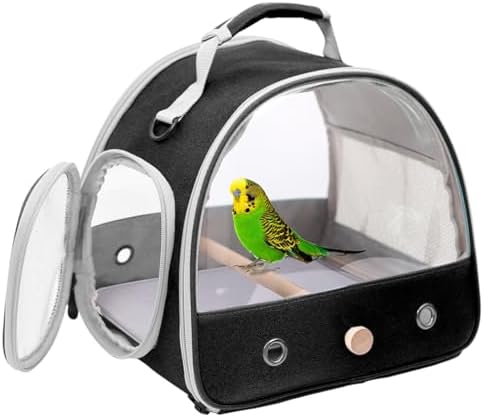 Bird Travel Carrier, Portable Small Bird Parrot Parakeet Carrier with Standing Perch and Mat, Side Access Window Collapsible (Black, Clear Windows) by halinfer