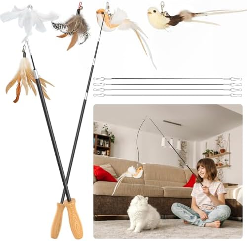 ROSAUI Cat Teaser Wand Toys, Interactive Bird Toy for Indoor Kittens, 53.15’’ Long Cat Fishing Pole Toys, 2X Wires and 5X Natural Refills, Sustainable Wooden Handles, Exercising, Playing by ROSAUI