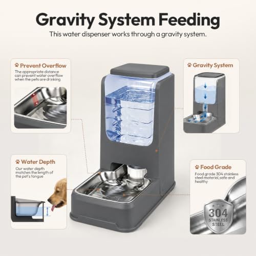 Automatic Cat Feeder and Water Dispenser Set with Stainless Steel Bowls, Gravity Dog Food and Waterer Large Capacity Pet Feeder for Small Medium Kitty Puppy, Gray - Image 6