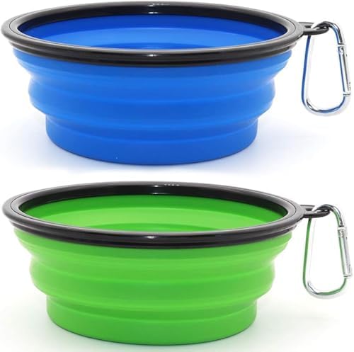 Large Dog Bowl Pet Collapsible Bowls, 2 Pack Collapsible Dog Water Bowls for Cats Dogs, Portable Pet Feeding Watering Dish for Walking Parking Traveling with 2 Carabiners (Large, Blue+Green) by SLSON