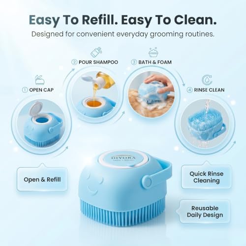 DIYORA Pet Shampoo Brush, 2-in-1 Silicone Bath Brush with Soap Dispenser for Dogs & Cats, Grooming, Massaging, Shedding & Deep Cleaning Tool for Short Hair, Long Hair & Small Pets(Blue) - Image 5