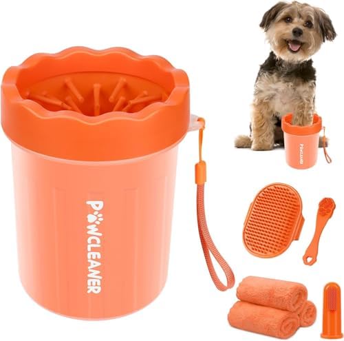 Professional 7 in 1 Dog Paw Cleaner for Dogs & Cats - Includes 1 Portable Paw Washer, 1 Bath Brush, 2 Dog Toothbrushes and 3 Absorbent Towels Note: Fits Paws up to 2 Inches Wide (Orange, Small) by Comotech