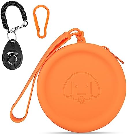WALLFID Silicone Dog Treat Pouch Small Bag,with Pet Training Clicker,Walking Bag for Dog and Cat, Pocket Size, Easy to Clean, Odorless, Zipper Design,Moisture-Proof,Travel Walking Bag.(Orange) by WALLFID